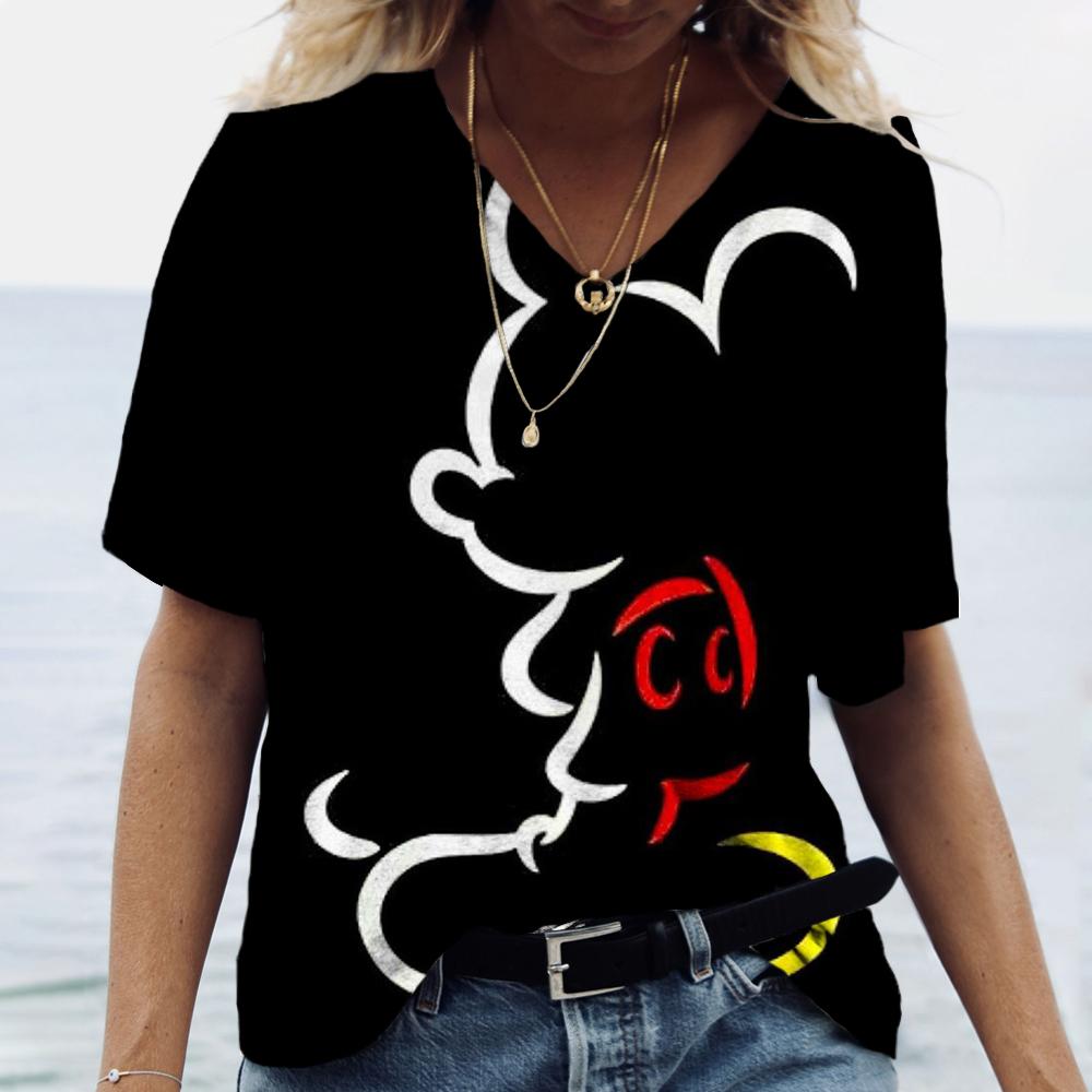 Casual Loose Top V-neck Versatile Short Sleeve Fashion Print T-Shirts Women’s