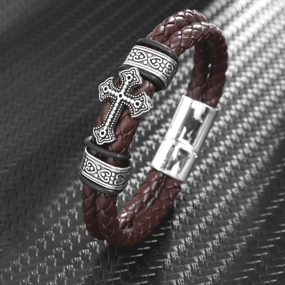Vintage Double Layer Leather Cross Bracelet Charming Men's Bracelet Christmas Gift Valentine's Day Gift Protector Jewelry Gift