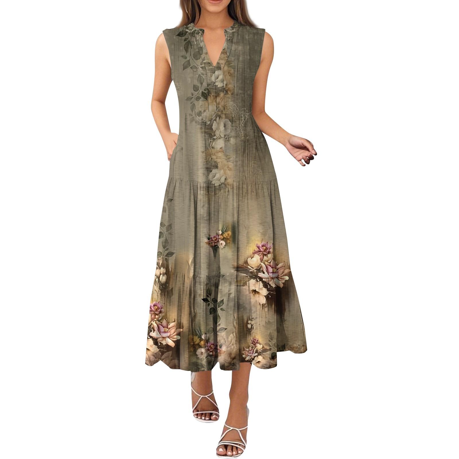 

Жіночі модні літні плісировані сукні з V-подібним вирізом без рукавів і квітковим принтом M