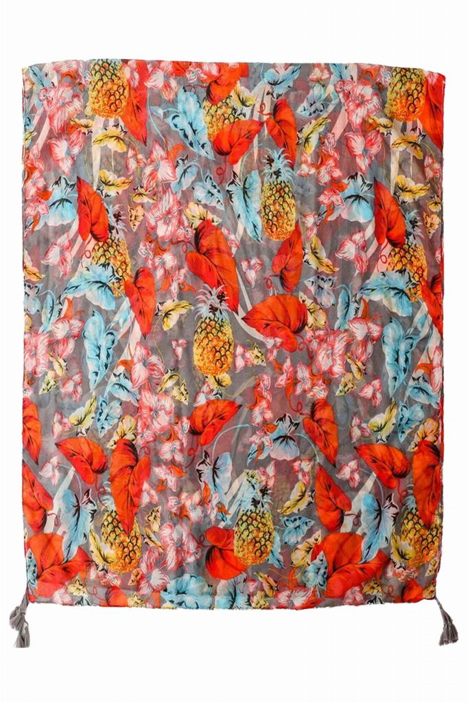 Colorful Tropical Scarf with Pineapple and Flower Pattern 180X90 - Cotton with Viscose