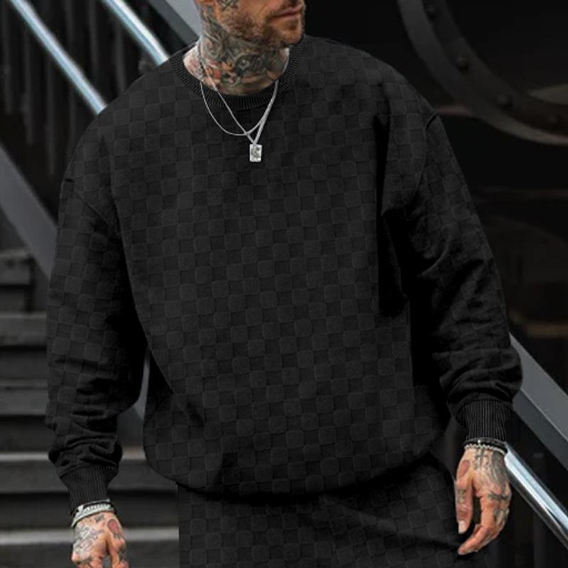 Men's Autumn and Winter Heavy Jacquard Checkerboard Checkerboard T-shirt Men's T-shirt Round Neck Casual Bottoming Shirt Knitted Long-sleeved T-shirt