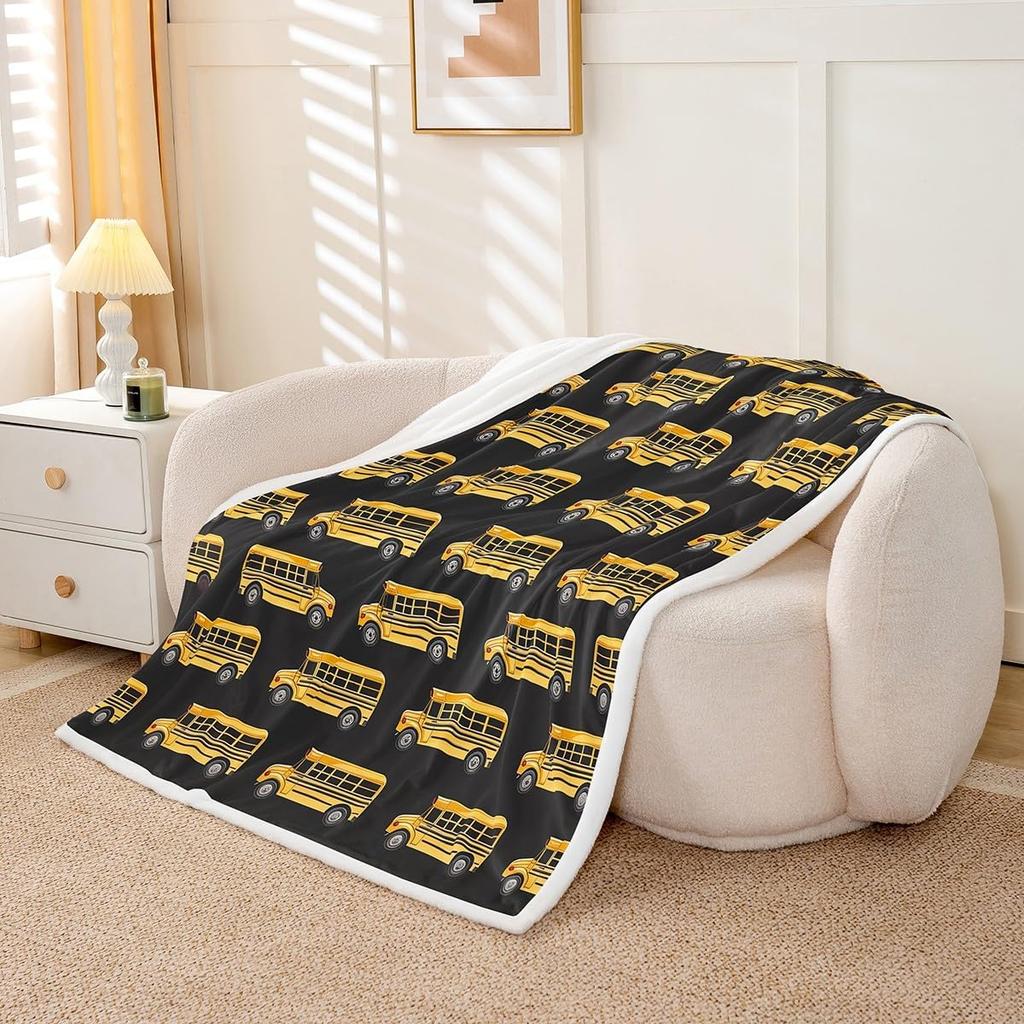 School Bus Blanket Yellow Bus Pattern Fleece Throw Kids Room Decor Back to School Theme Cozy Bed Cover