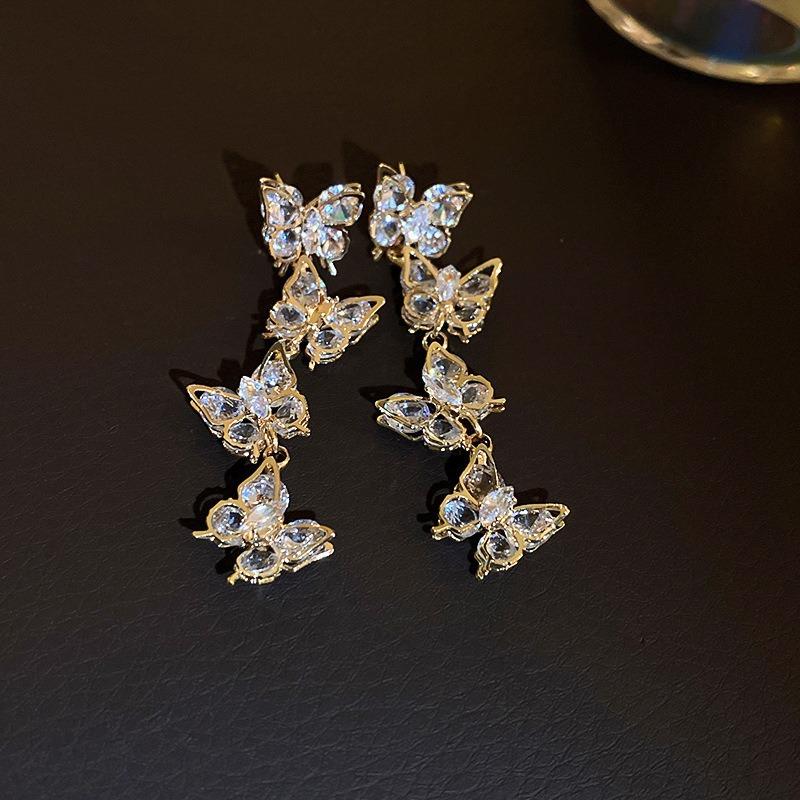 Retro Court Style Silver Needle Zircon Flower Fringed Earrings Light Luxury High-end Stud Earrings Simple Fashion Temperament Earrings