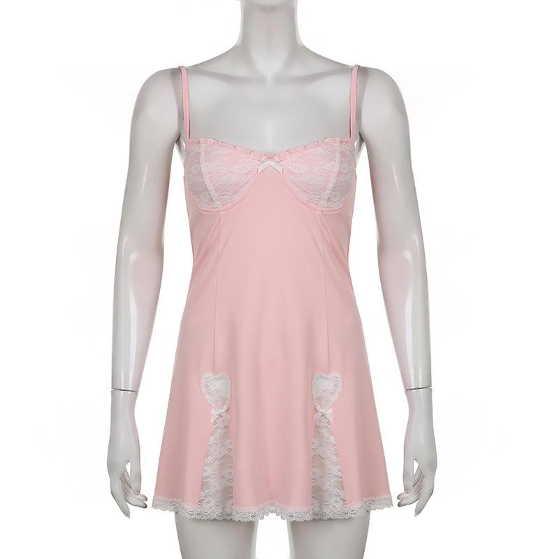 Лолита Y2K Ретро Кружева Лоскутное Ремень Лук Черное Мини-Платье Клубные Вечерние Сексуальные Платья S розовый