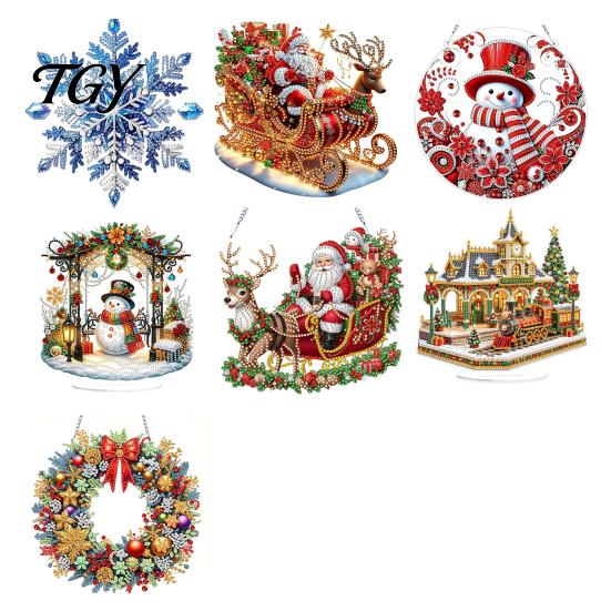 Sparkling Hanging Ornaments Christmas Faux Diamond Art Kit, Santa Snowman Ornament DIY Double Sided Acrylic Pendant with Rhinestones Craft Kit