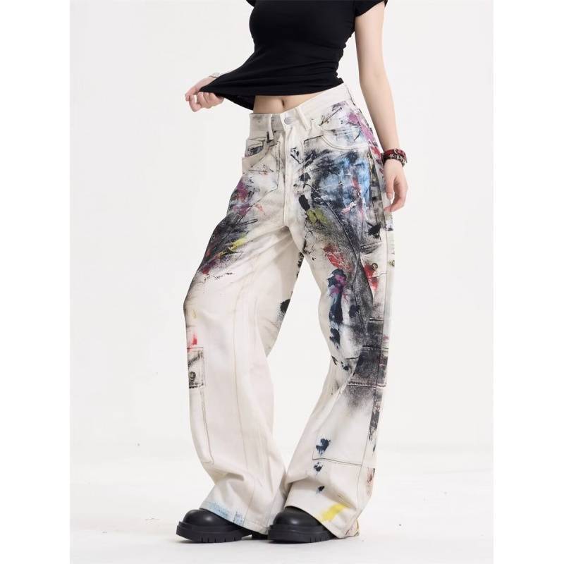 JYL Women's Straight Jeans American Vintage Graffiti Punk Wasteland Dirty Denim Pants