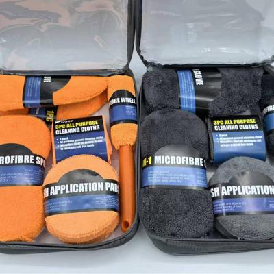 9-Piece Car Cleaning Set: Wash Mitts, Wiping Towels, Polishing and Waxing Sponges, Tire Brush, and Storage.