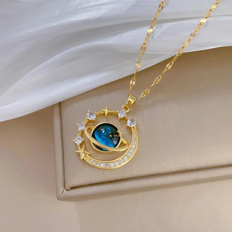 Fashion Starry Sky Planet Light Necklace - Luxurious Stainless Steel Clavicle Chain with Stars and Moon Design for Versatile S