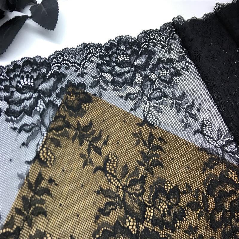 24cm wide Black Stretch Lace, Elastic Spandex Lace Fabric for Lingerie, Bra, Underwear, Sewing & Crafting