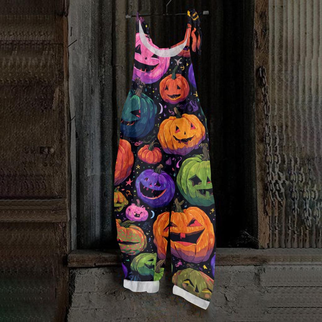 Women's Loose Casual Vintage Style Cotton Linen Overalls with Adjustable Straps and Pockets Halloween Inspired Graphic Print Jumpsuit