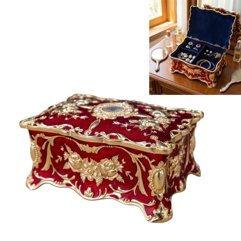Elegant European Rose Engraved Metal Jewelry Box For Rings Necklaces Earrings With Soft Lining