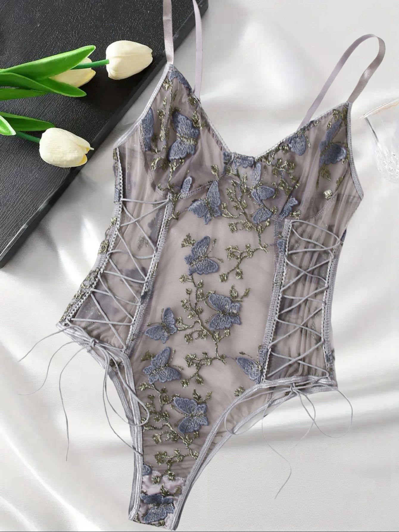 Elegant Purple Butterfly Embroidery Mesh Teddy Bear Bodysuit Medium