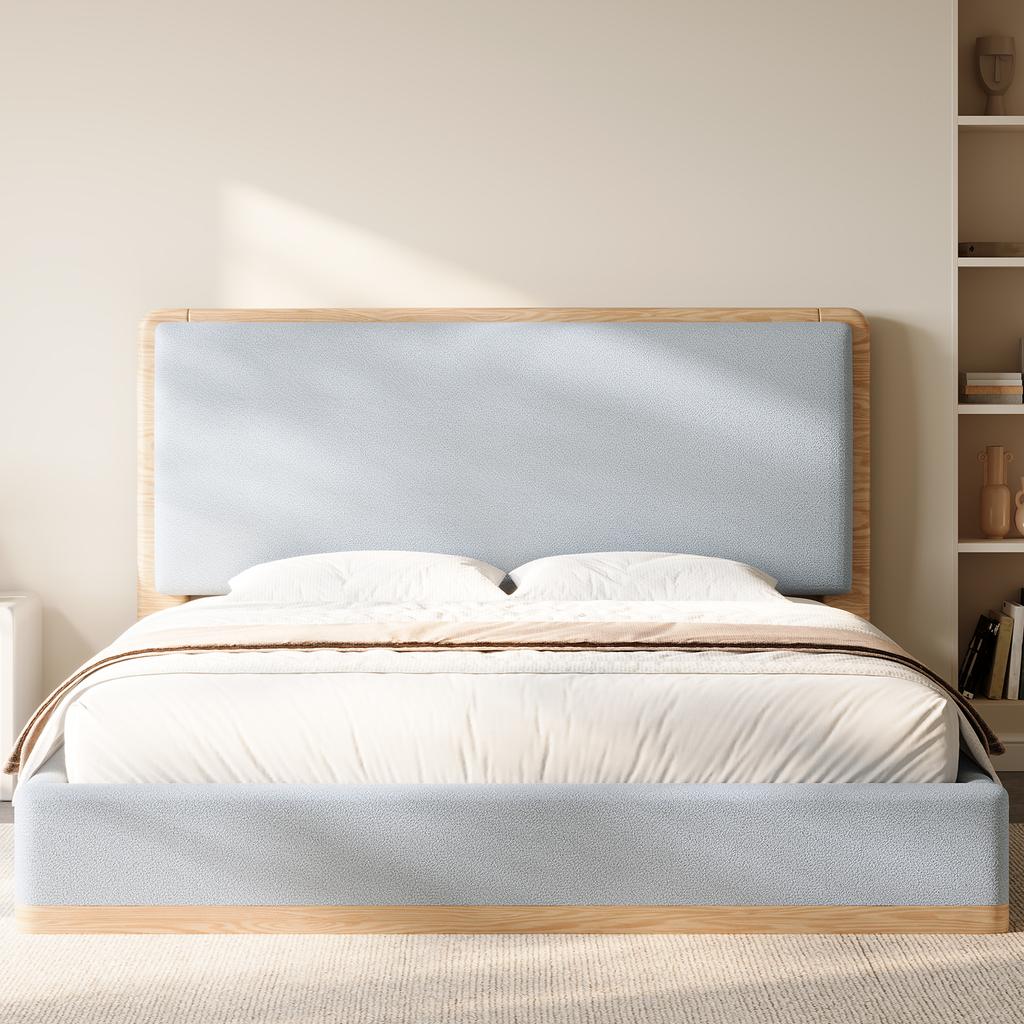 140x200 Upholstered Platform Bed with Hydraulic Storage Space under the Bed, Grey + Natural Wood Tones