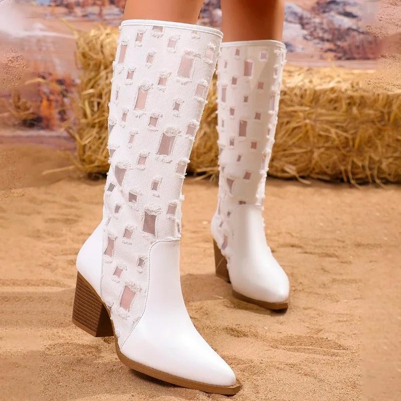 Pointed Toe Women High Heels Chelsea Knee High Boots Mesh Chunky Shoes Winter 2025 New Fashion Snow Boots Goth Pumps Botas Mujer