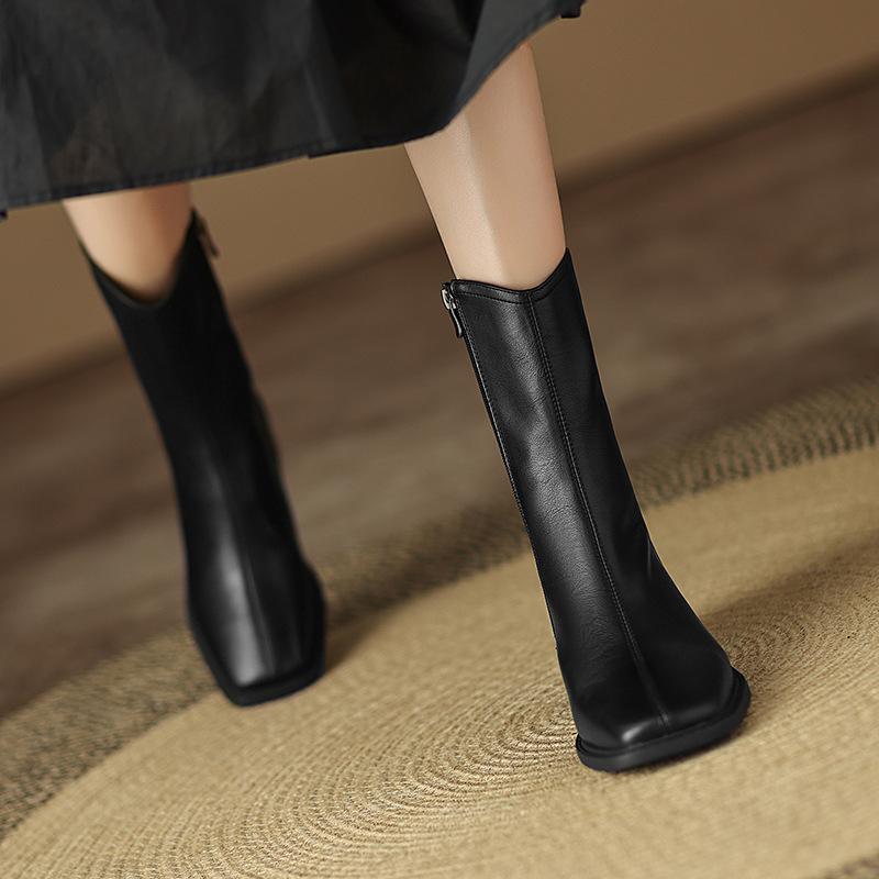 Mid heeled women's 2026 retro slim boots with square toe and versatile short boots fashionable women's boots