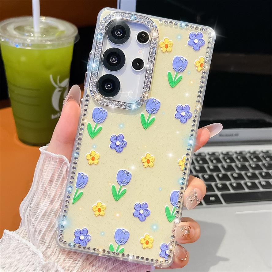 

Flower Samsung A17 Mobile Phone Case with Diamond Edges A55 Small and Fresh Suitable for A26 Mirror Bracket A35 Girls A07 Samsung A07