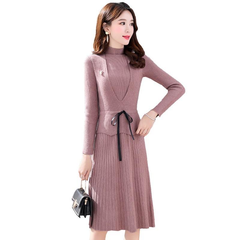 Women Autumn Winter Long Sleeves Knitted Dress Slim Sweater Vest Two Sets