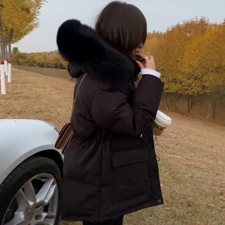 Women Padded Coat Faux Fur Collar Hooded Parkas Korean Big Size Cotton Jaqueta Waist Drawstring Midi Lenght Jackets
