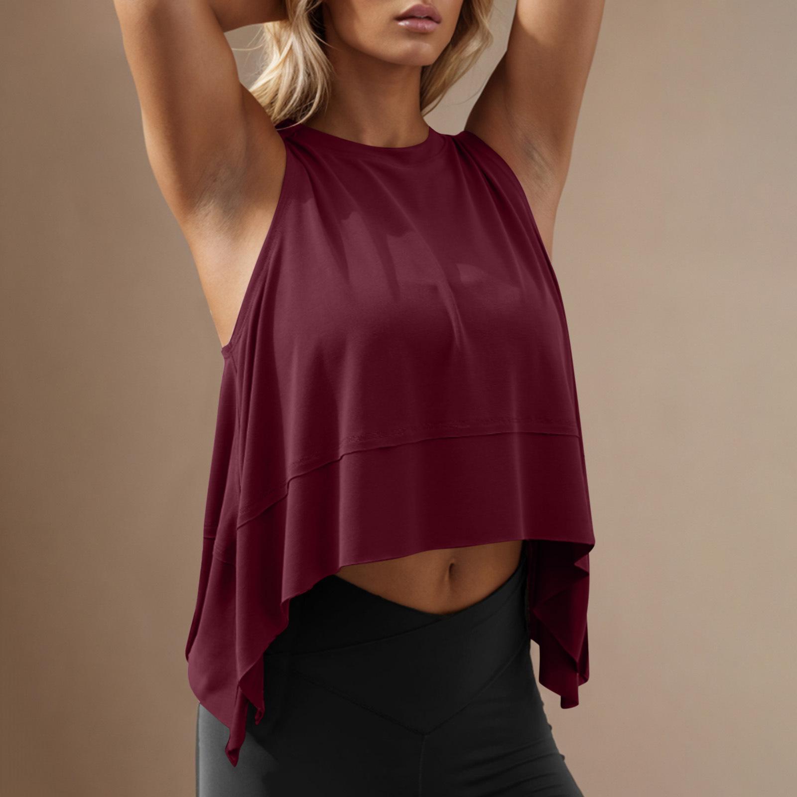 Women s Fashion Loose Sleeveless Round Neck Asymmetric Sports Tank Top S