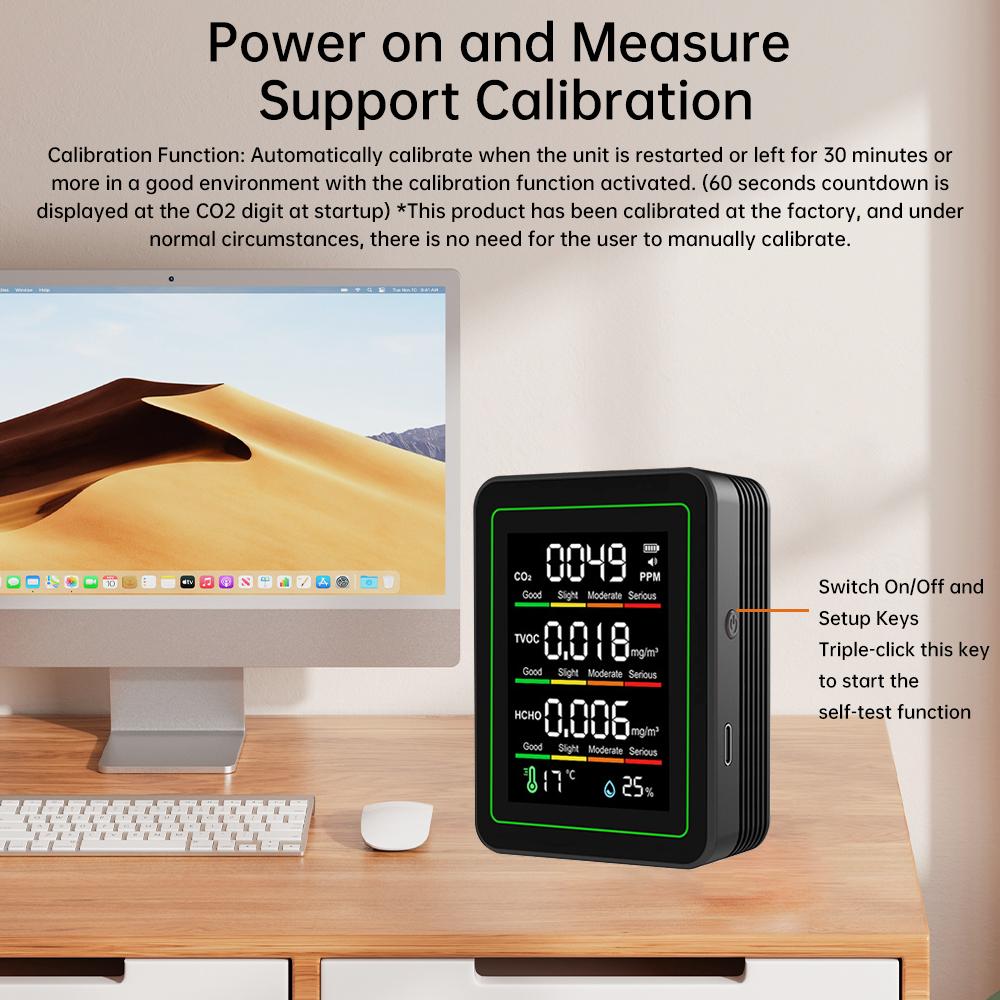 5 in 1 Indoor Air Quality Monitors CO2 HCHO TVOC Humidity Temperature Tester USB Charging LED Display for Home Office