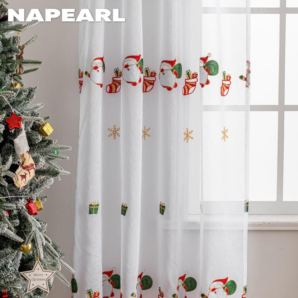 1PC NAPEARL Christmas Style Sheer Curtains Exquisite Santa Claus Pattern Embroidered Tulle for Living Room Bedroom Balcony Window Home Decor