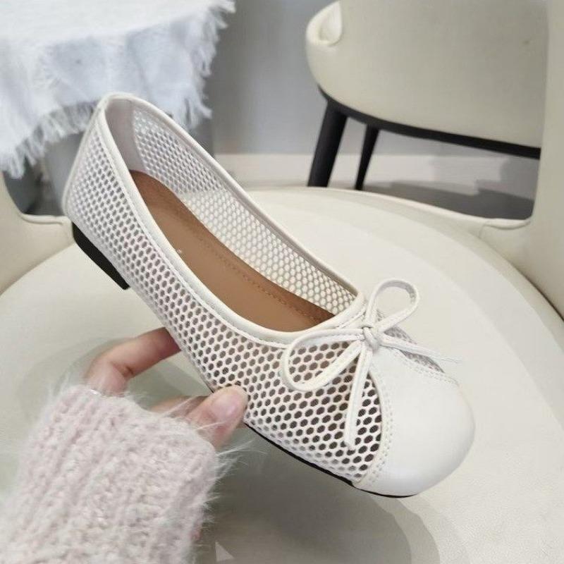 

Fashion Round Head Single Shoes Summer New Shallow Mouth Splicing Mesh Butterfly Knot Soft Sole Anti-slip Wear-resistant Flat Shoes 35