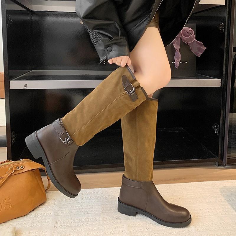 2025 Autumn and Winter New Large Size Thick Sole But Knee Belt Buckle Medium Tube Stacking Boots Knight Boots Women's Retro Boots