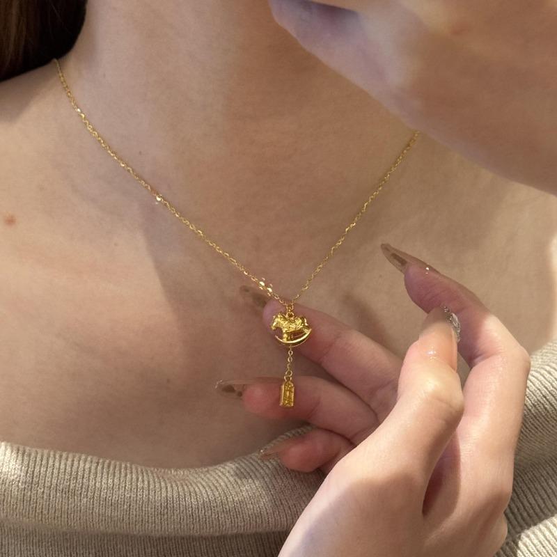 K real gold electroplated pony peace talisman necklace new Chinese retro temperament clavicle chain natal year light luxury neck chain