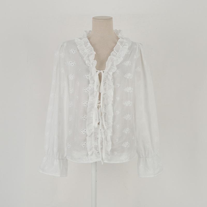 Fashion New Ruffled V-neck White Lace Shirt Women Long Sleeve Tops Lace-up Elegant White Blouse Women Vintage Hollow Solid Slim Fit Female Shirt 26238