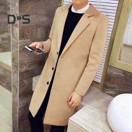 Men Fall Winter Coat Solid Color Lapel Mid Length Long Sleeve Cardigan Single Breasted Anti Wrinkle Business Formal Style Coat