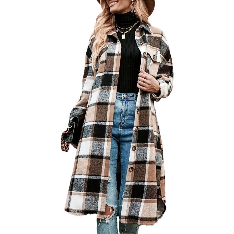 Women's Mid-Length Plaid Long Sleeve Loose Woolen Coat for Autumn/Winter, Plus Size
