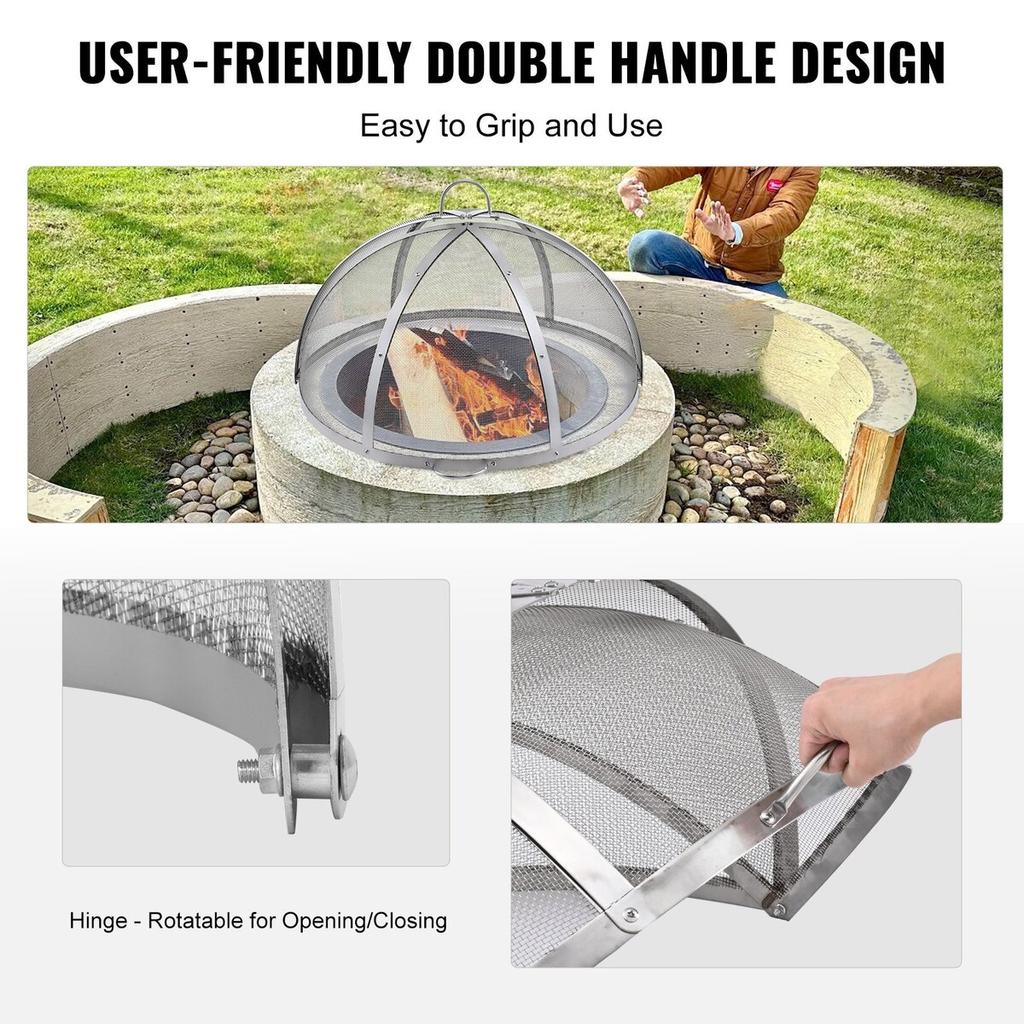 Firepit Spark Screen Lid, 40" Diameter, Outdoor Firepit Ring Cover Round Accessories, Fire Pit Metal Cover, Easy-Opening Stainless Steel Fire Ring