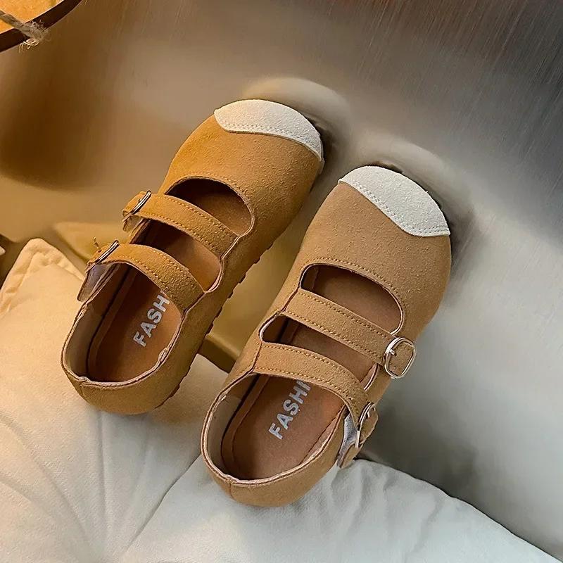 Kids Flat Shoes Spring Autumn Retro Patchwork Girls Leather Shoes 2025 New Non-slip Children's Causal Shoes Round-toe Hook Loop