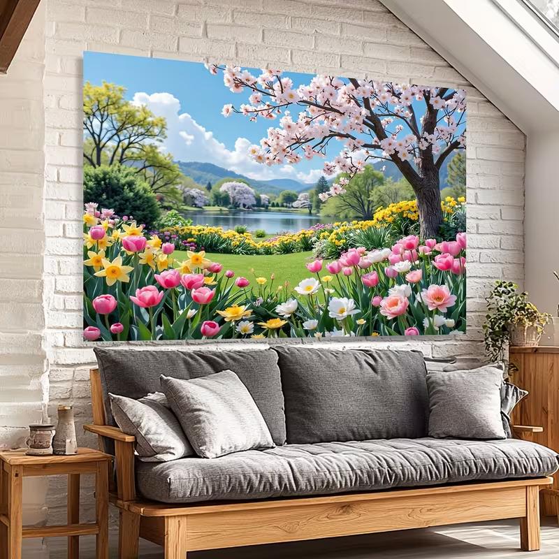 2D Blooming Spring Garden Backdrop Photography Background Banner