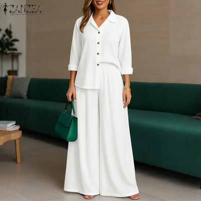 Womens Long Sleeve Blouse and Wide Leg Pants Casual Two Piece Suit Sets