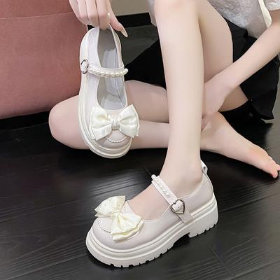 Fashion Shoes Women Dress Shoes Spring Summer New Pearl Bow Single Shoe Chunky Heel Lolita Leather Shoes