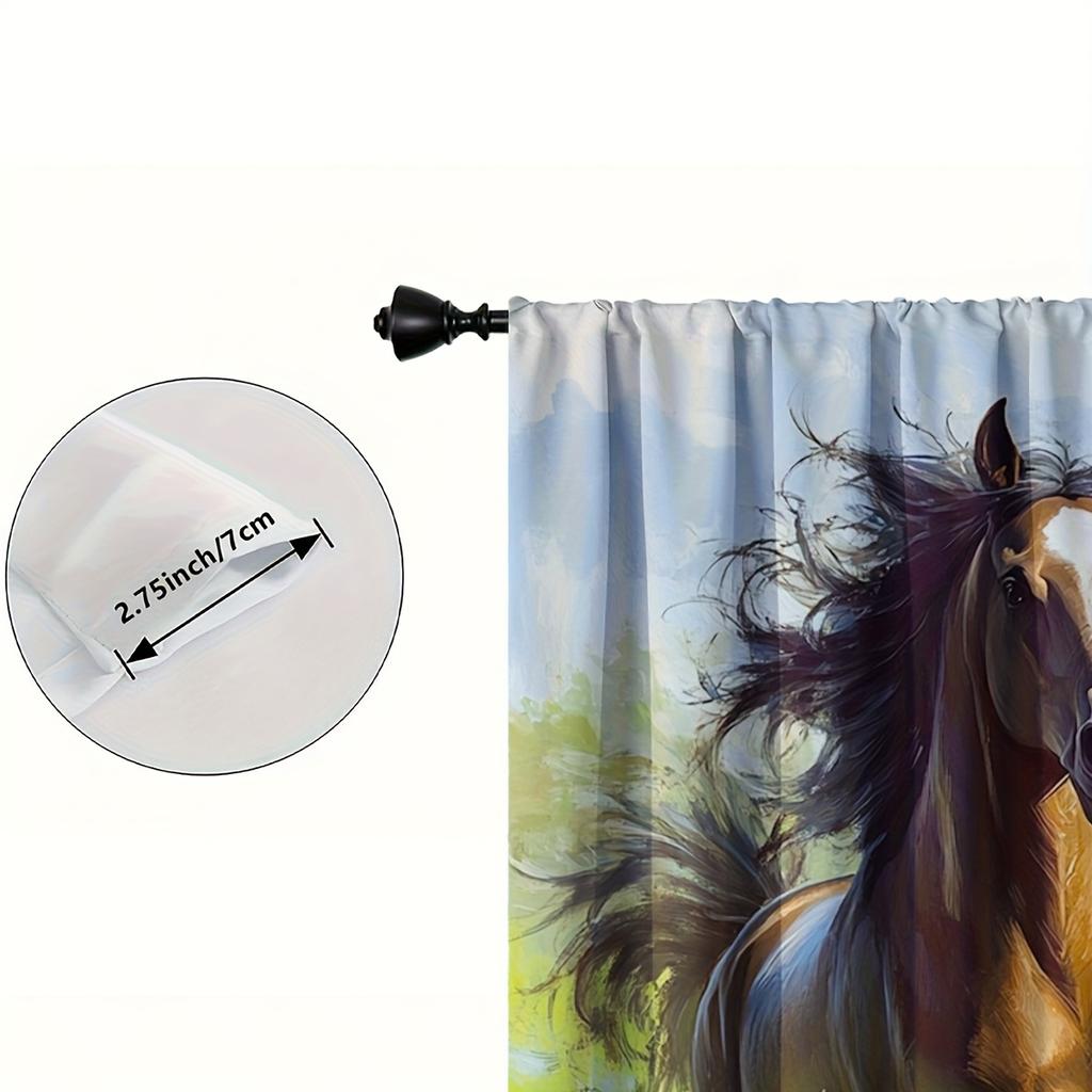 Set Of 2 Modern Equestrian Themed Curtains Vibrant Running Horses Design Chocolate Brown Platinum White Semi Transparent Curtain Made Polyester