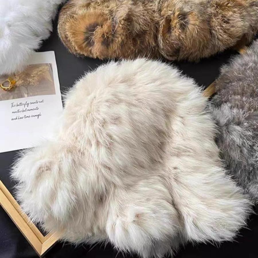 Stretch Rabbit Fur White Plush Hat for Women Autumn Winter Warm Ear Protection Woolen Hats Fur Knitted Caps