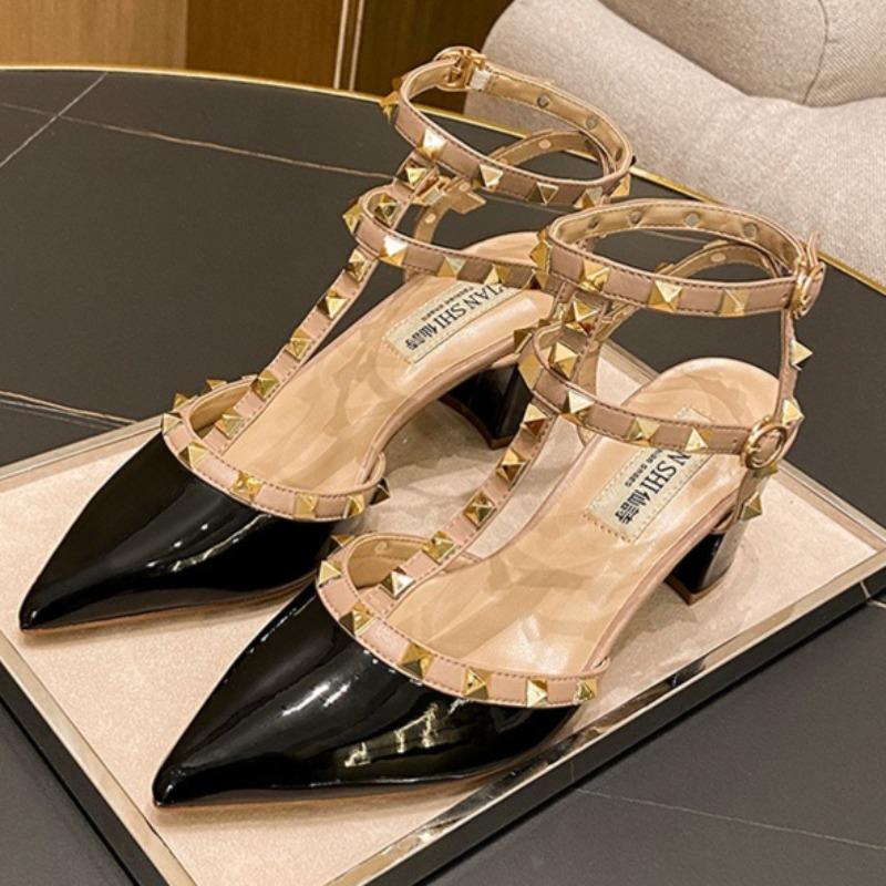 

Модные весенние новые босоножки Баотоу, женская мода, острый носок, мелкий вырез, заклепки, противоскользящие, износостойкие, туфли на низком каблуке 42 чёрный