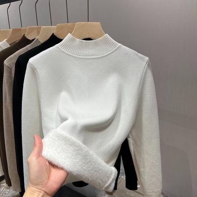 Elegant Half High Neck Plush Knitted Sweater for Women Autumn and Winter New Velvet Base Women Pullovers Sweaters Fashion Solid Ladies Jumpers 25934