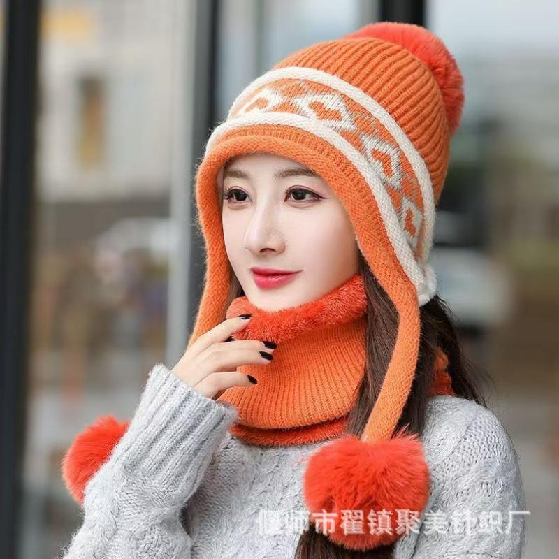 Winter Knitted Hat Cute Versatile Wool Cover Hat Fleece Thickened Thermal Ear Protection Hat Fleece Outdoor Cold-proof Milliner