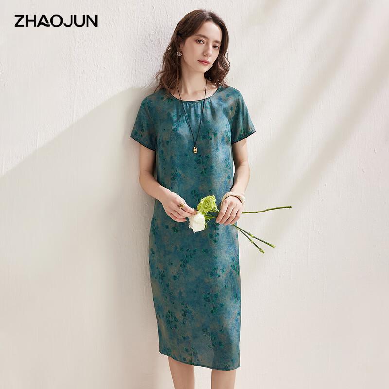 Zhaojun Mulberry Silk Retro Print Short Sleeve Dress XL