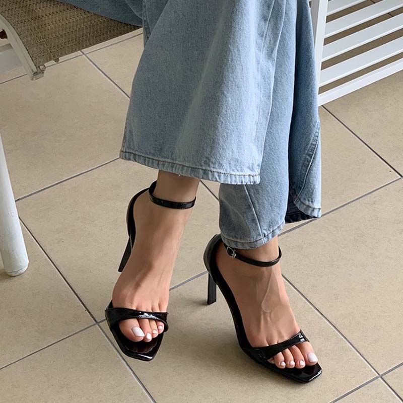 2025 Summer Patent Leather Black Square Head Sexy High Heels Female Royal Sister Open Toe Thin With A Line Sandals For Women