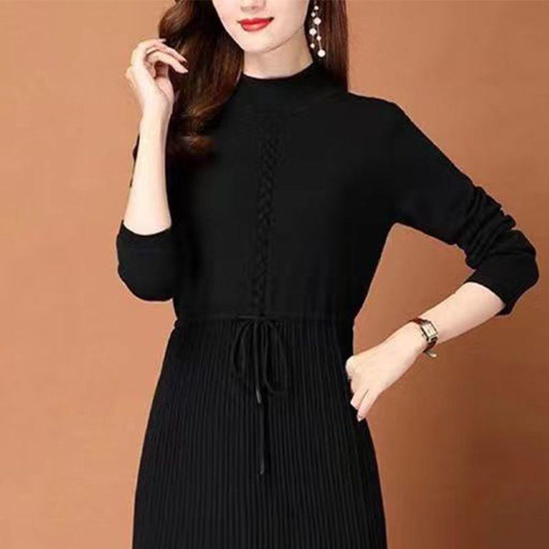 

Вязаное платье с полувысоким воротником для женщин на осень и зиму однотонное миди шерстяное платье повседневный пуловер с длинным рукавом XL чёрный