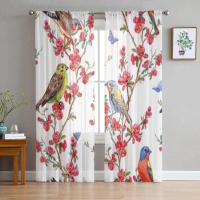 Birds And Blossoms Flower Sheer Window Curtains For Living Room Bedroom Modern Voile Tulle Curtains Fabric Drapes For Kitchen