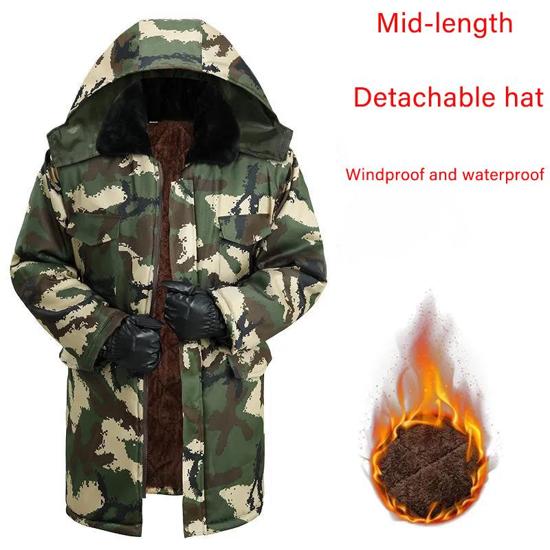 Pánská maskáčová péřová bunda s kapucí Středně dlouhá Zimní Hřejivá Bavlněná bunda Pánský Ležérní Top Univerzální Zip Kovová Spona Kabáty Outdoorové Pracovní