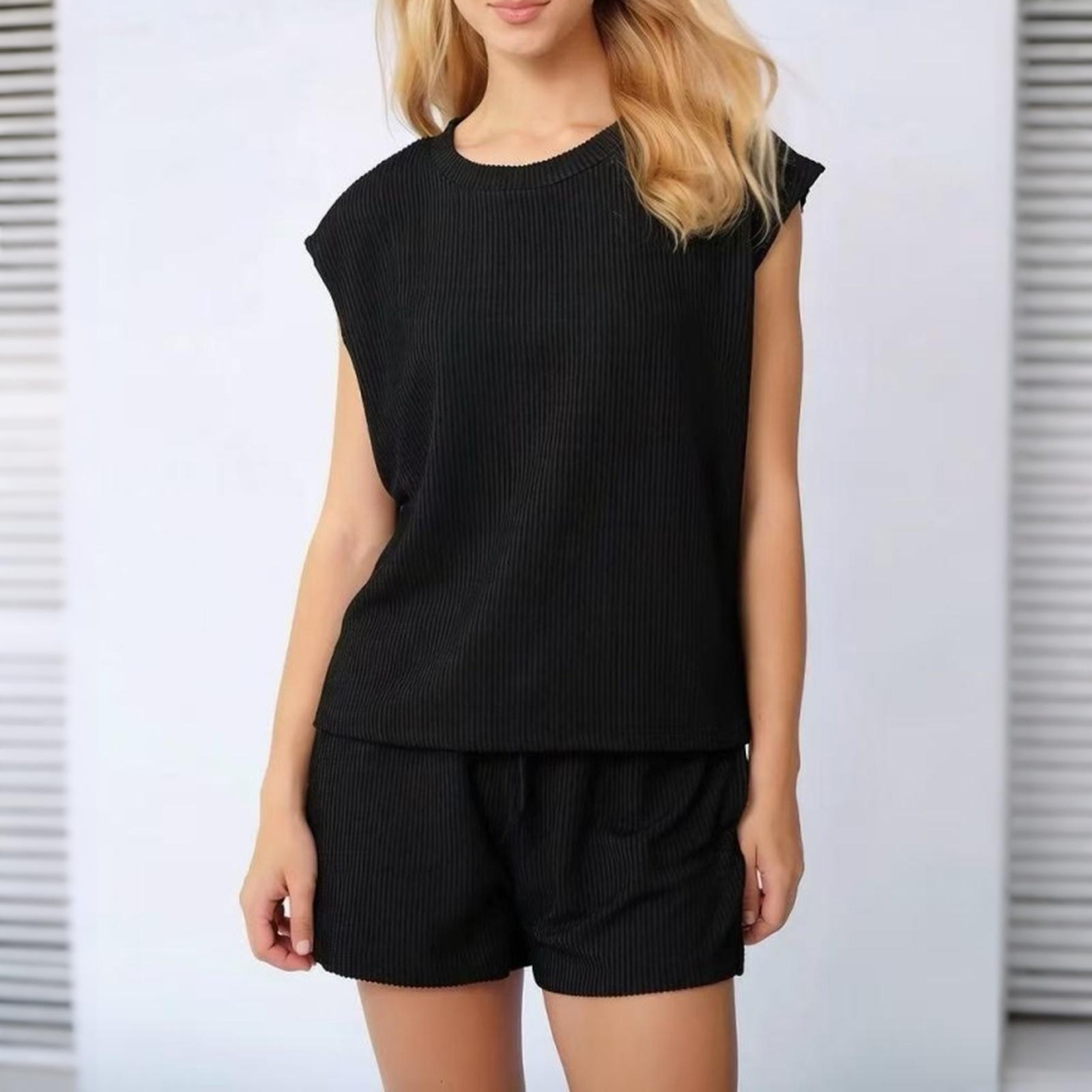 

Women Casual Two Piece Set Short Sleeve Top and Drawstring Shorts Lounge Outfit Loose Fit Textured Fabric Summer Sleepwear M