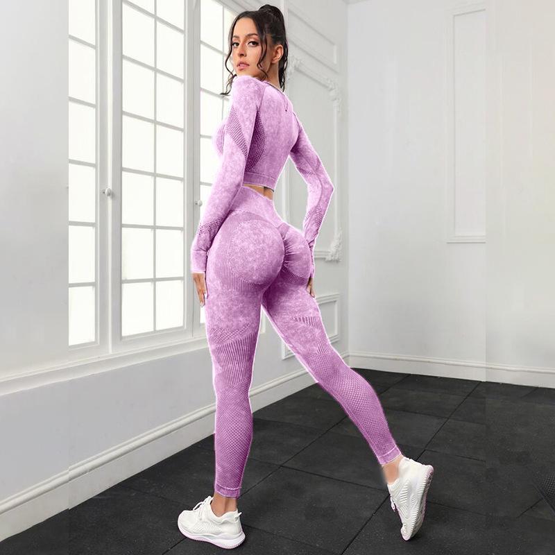 

Бесшовный полый комплект для йоги: Кроп-топ с длинным рукавом и леггинсы с высокой талией и эффектом лифтинга бедер M розовый