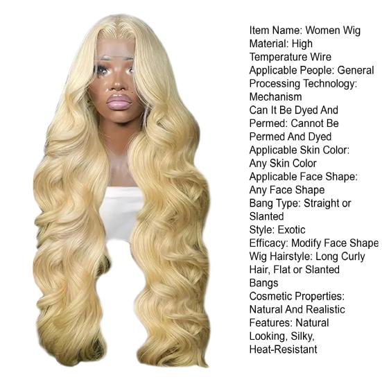 Women Long Curly Blonde Wig Middle Part Natural Looking Silky Heat-Resistant Ladies Girls Front Lace Big Wave Synthetic Hair