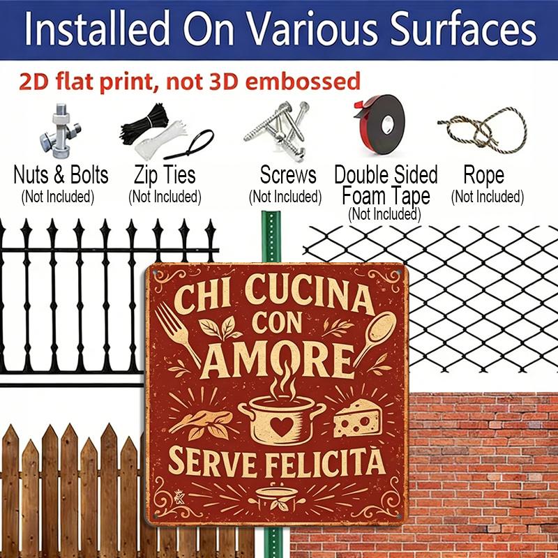 2D Flat, 1pc Italian Retro Metal Sign- Country Wall Art with Who Cooks with Love Will Be Happy- Frameless Home Decoration Kitchen, Garden, Cafe, Bar